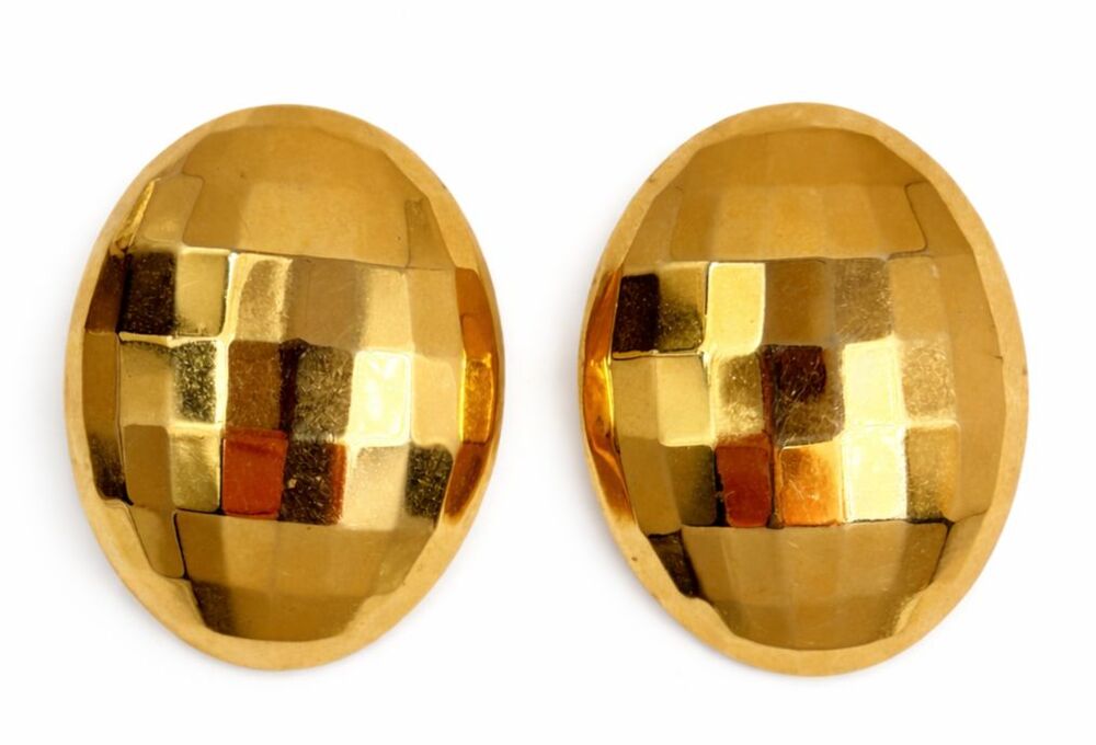 Vintage 80s Gold Tone Faceted Oval Dome Earrings Bold Minimalist Disco Runway